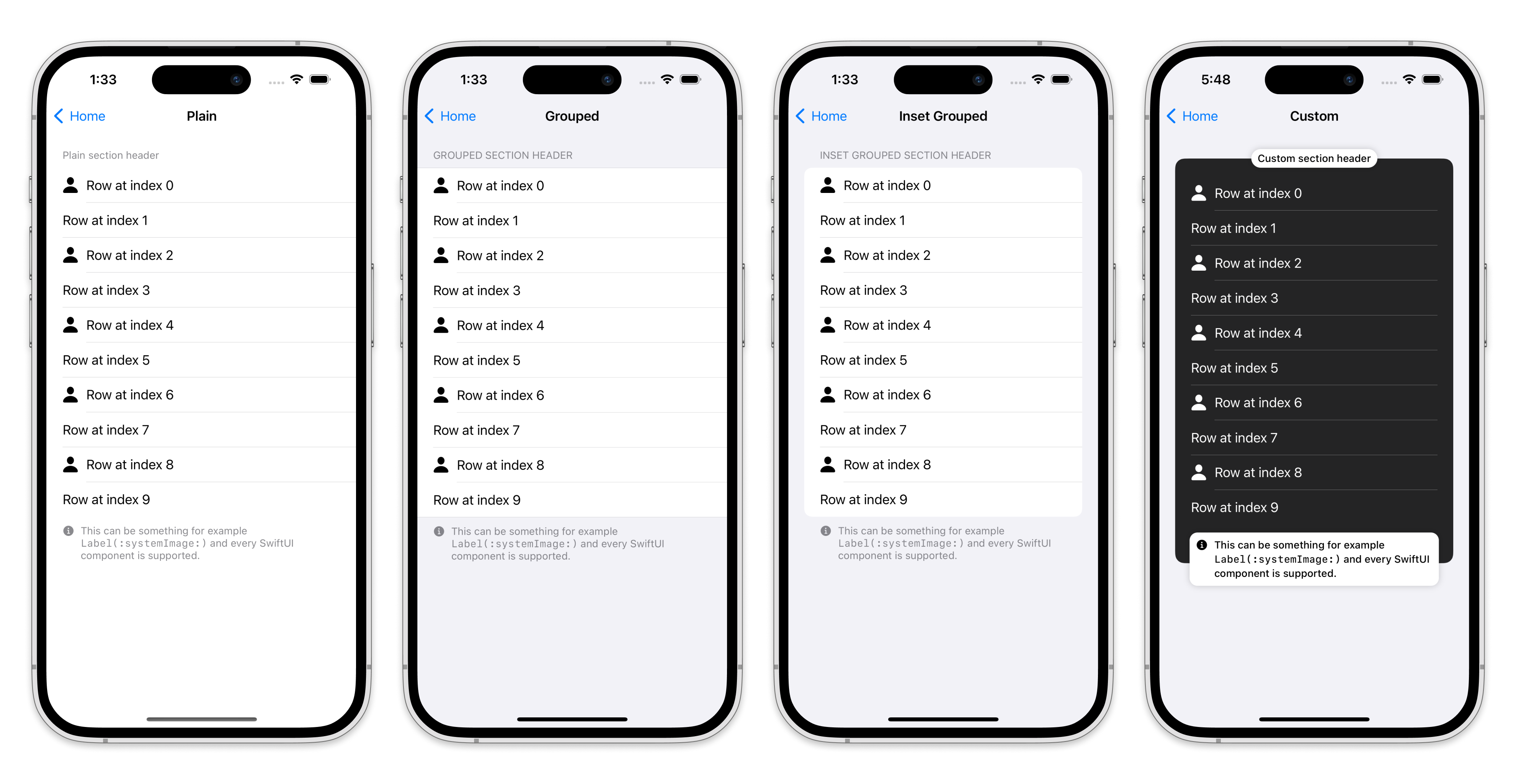 The preview of the `ScrollViewSectionKit` on iPhones 14 Pro Max. The 1st one shows plain style. The 2nd one shows grouped style. The 3rd one shows inset grouped style. The 4th one shows custom style.